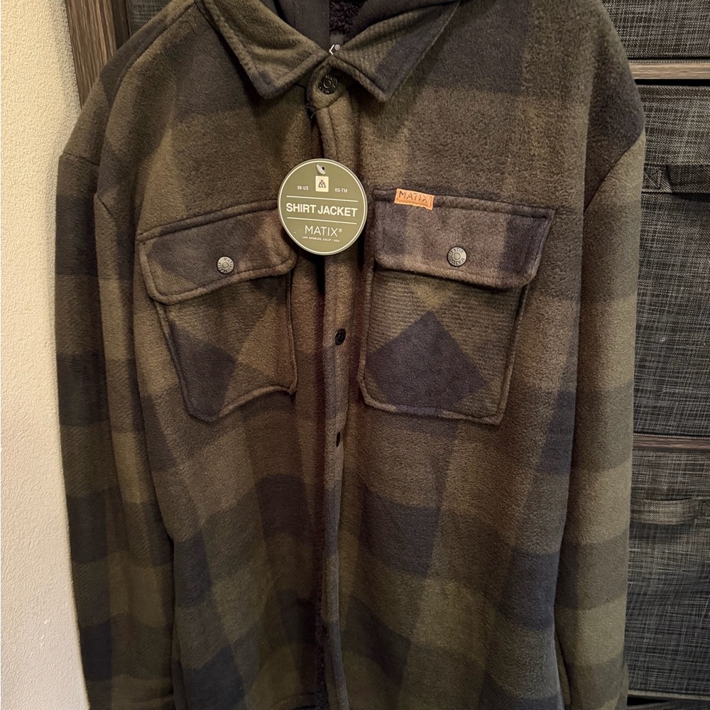 Matix Men's Green and Black Plaid Fleece Lined Shirt Jacket